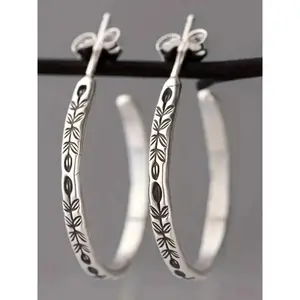 Vintage Silver Engraved Hoop Earrings, Boho Western Open Hoops, Hypoallergenic Everyday Earrings for Women, Trendy 2026 Jewelry Gift