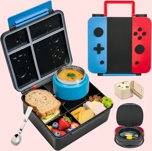 PAWTONG Insulated Lunchbox for Kids with 9oz Soup Thermo - BPA-Free, 9oz,Leakproof Lunch Food Containers with 4, Ideal for School, Trips, Lunch Boxes,Built-in handle,With external handle, Lid, Set,  Steel, Jar, Tableware