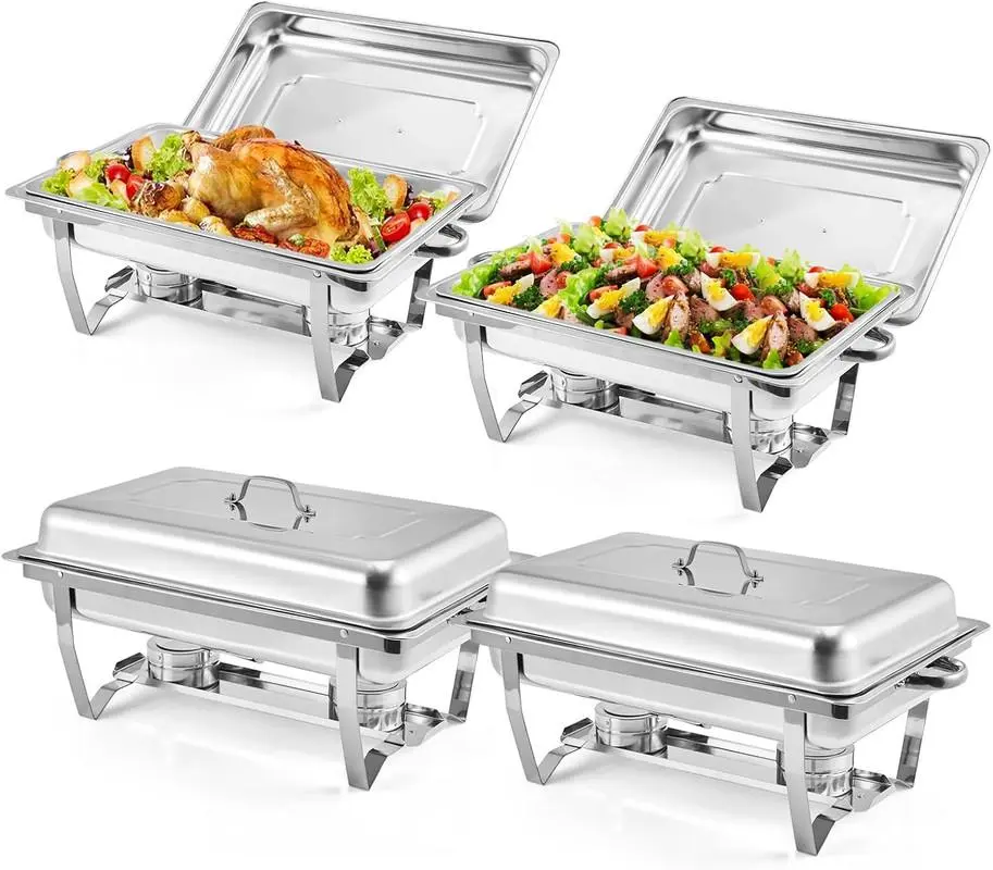 4-Pack 8 Qt Stainless Steel Chafing Dishes - Buffet Ware with Lid, Easy-Serve Tray, Handles, Pans, Portable Aluminum Food Container, Modern Kitchenware, Wipeclean Polish, Elegant Presentation, 8qt Serves More for Delightful Dining Experience