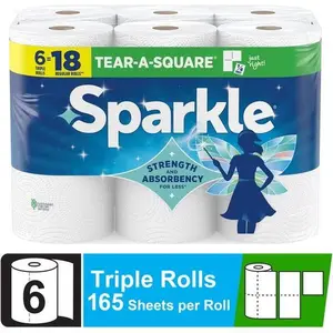 Sparkle Tear-a-Square Paper Towels, 6 Triple Rolls – Strong, Absorbent Household Cleaning Paper Towels for Everyday Use