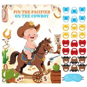 Pin The Pacifier On The Cowboy Baby Shower Game Include Large Poster 24 Pacifier Stickers Blindfold Game Set Party Favors Assortment for Birthday Party Decor Supplies