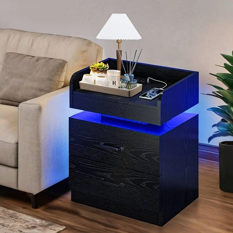 Modern White LED Wood-Finish Rectangular Bedroom Nightstand Table with 2 Drawers, Charging Station, USB Ports - Small Home Organizer for Bedroom Bedside