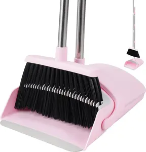 Pink Broom and Dustpan Set, 52” Long Adjustable Handle Broom with Dustpan Combo Set with Dust Pan Teeth to Clean Hair for Home Lobby Office (Pink)