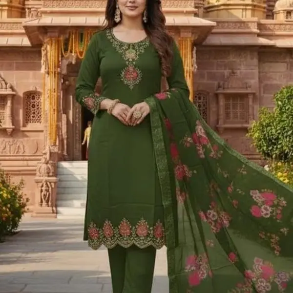 NEW ARRIVAL CHANDERI EMBROIDERY WORK TOP BOTTOM WITH DUPATTA GREEN  IN SIZE XL
