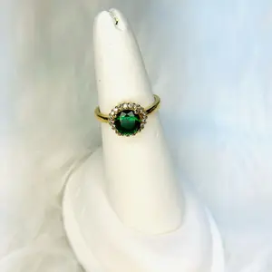 Elegant Green Stone & Sircornia Ring with Sparkling Halo Design for Women's Fashion