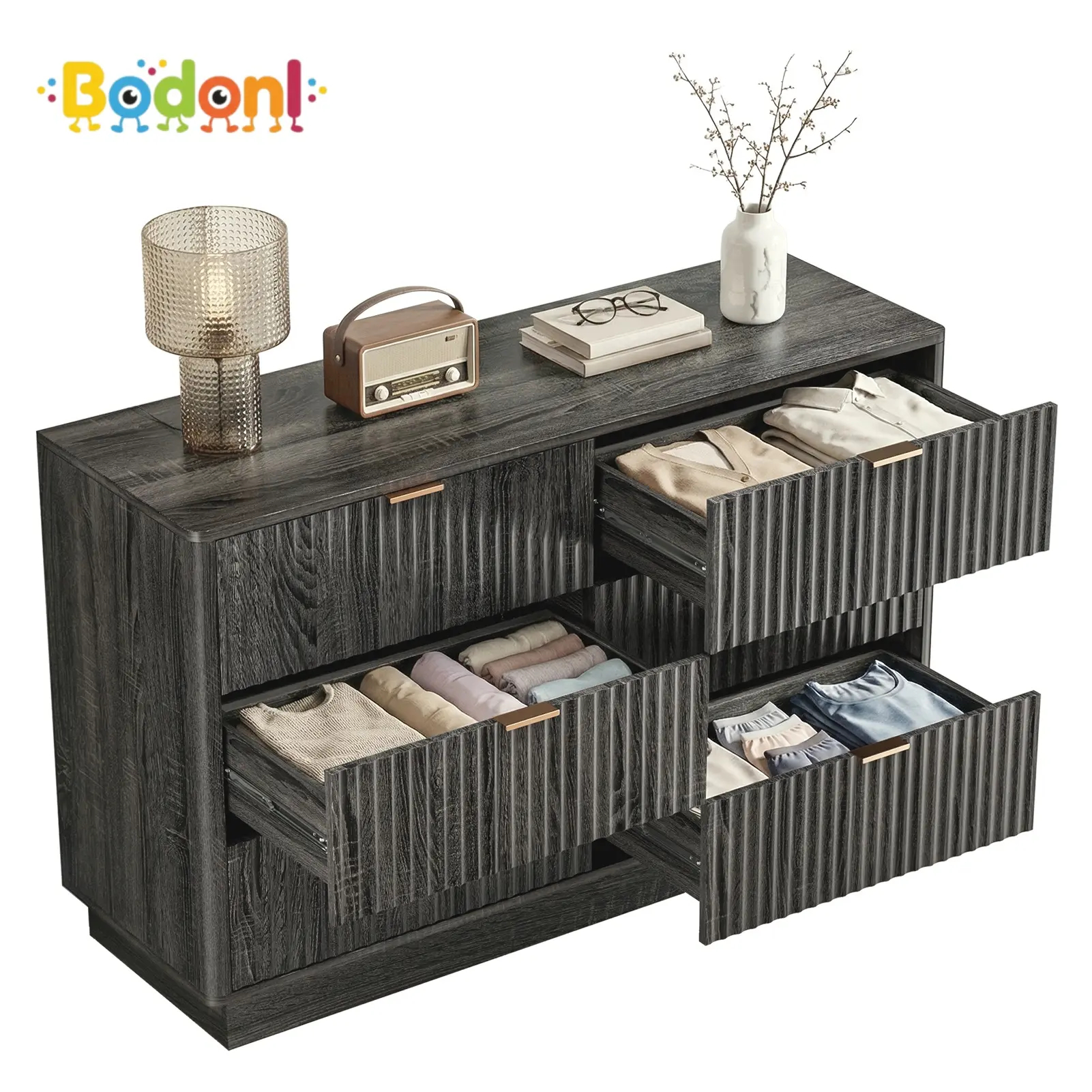Bodonl 6-Drawer MDF Wood Fluted Bedroom Dresser, 47" Wide Spacious Drawers Bedroom Furniture with Metal Handles, Curved Profile, Reinforced Base, Modern Storage Organizer for Living Room, Hallway