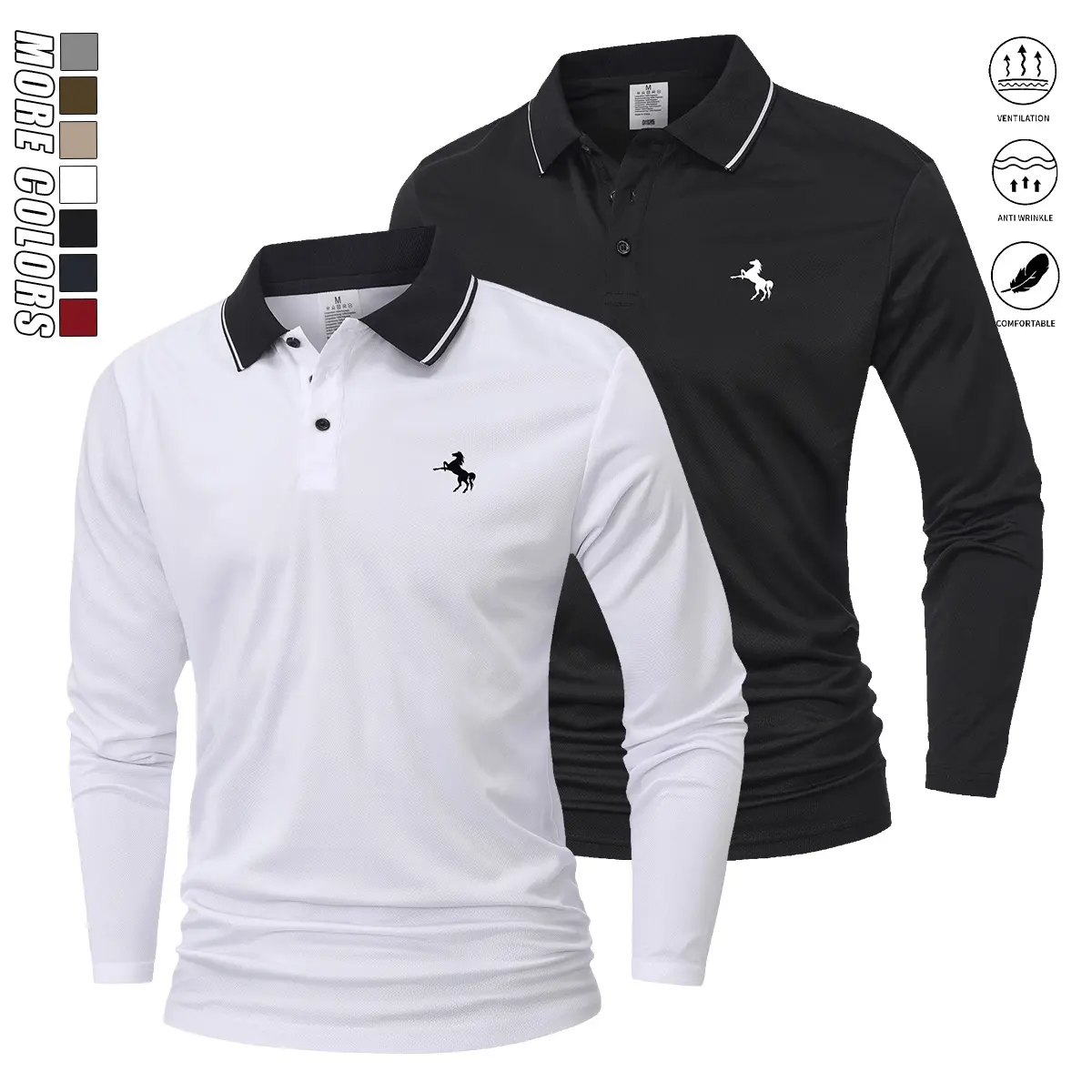 Men's 2-Pack Multifunctional Casual Long-Sleeve Polo Tops (Menswear), Breathable Wrinkle-Resistant Polyester, Classic Turn-Down Collar, Horse Embroidery, Sweat-Resistant Regular Fit, Suitable for Sports & Office Wear