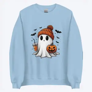 Cute Ghost Halloween Unisex Sweater - Cute Fall Sweater, Ghost, Halloween, Fall Coffee - Classic Fit, Pre-Shrunk, Soft Feel, Athletic Rib Knit Collar  Hoodie Spooky Casual Crewneck Long Sleeve