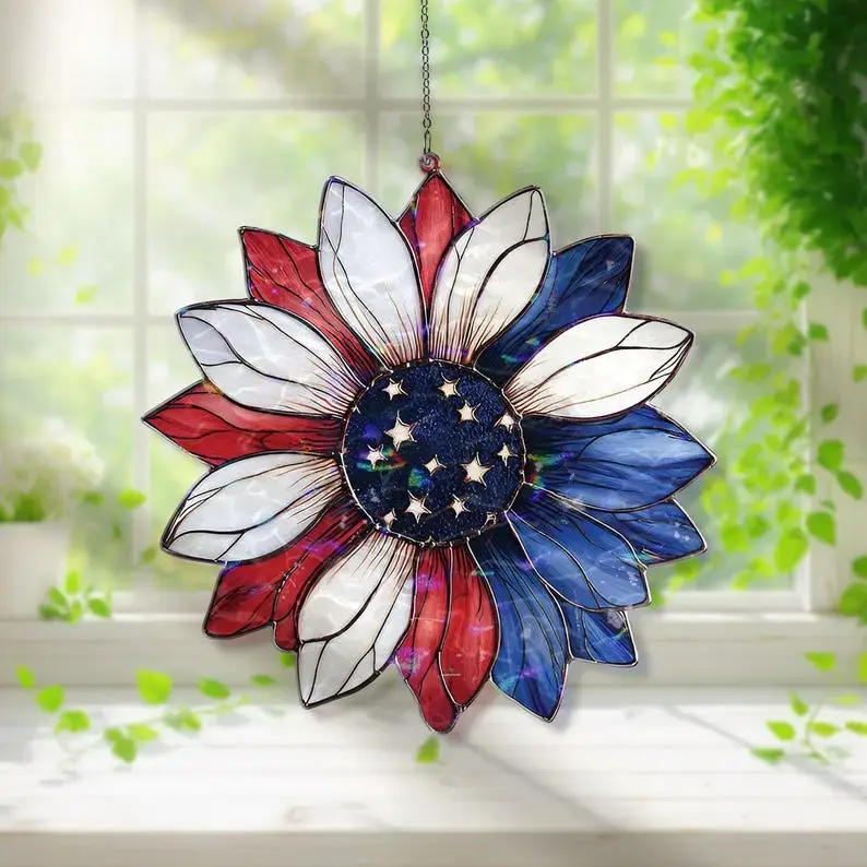 American Flag Sunflower Suncatcher – Patriotic Red White Blue Acrylic Window Decor Gift, Colorful Light Catcher, Flower Home Décor, Gift For Fans