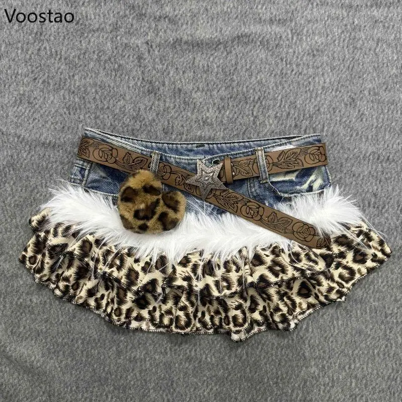 Summer Y2k Gothic Grunge Mini Skirt Women Vintage Leopard Print Faux Fur Patchwork Denim Skirts Retro Subculture Skirt With Belt