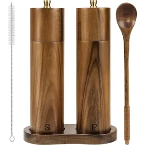 Wooden Salt and Pepper  Set,8 Inch Manual Salt and Pepper Mill, Adjustable Coarseness and Refillable,Acacia  Pepper  for your kitchen[Set of 2]