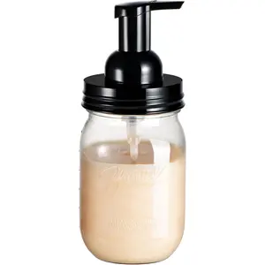 Plastic Mason Jar Foaming Soap Dispenser with Pump Lid,16OZ Refillable Hand Soap Dispenser with Cute Lables, Farmhouse Decor for Kitchen/Bathroom, Lotion Dish Soap (1 Pack, Black)