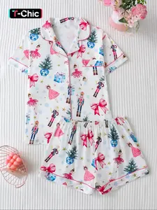 Women's Sleepwear Set, Cartoon & Bow Print Design, Collared Fitted Short Sleeve Top & Loose Shorts, All-Season Comfortable Nightwear