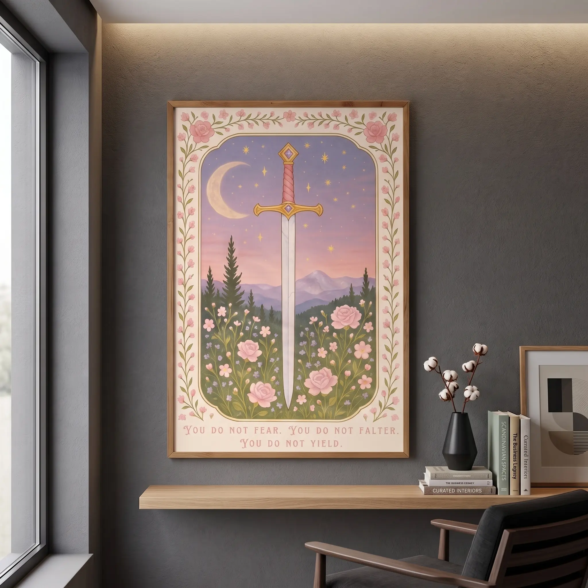 Fantasy Sword Wall Art, Pink Book Lover Poster, Inspirational Quote Print, Feminine Reading Room Decor, Literary Artwork