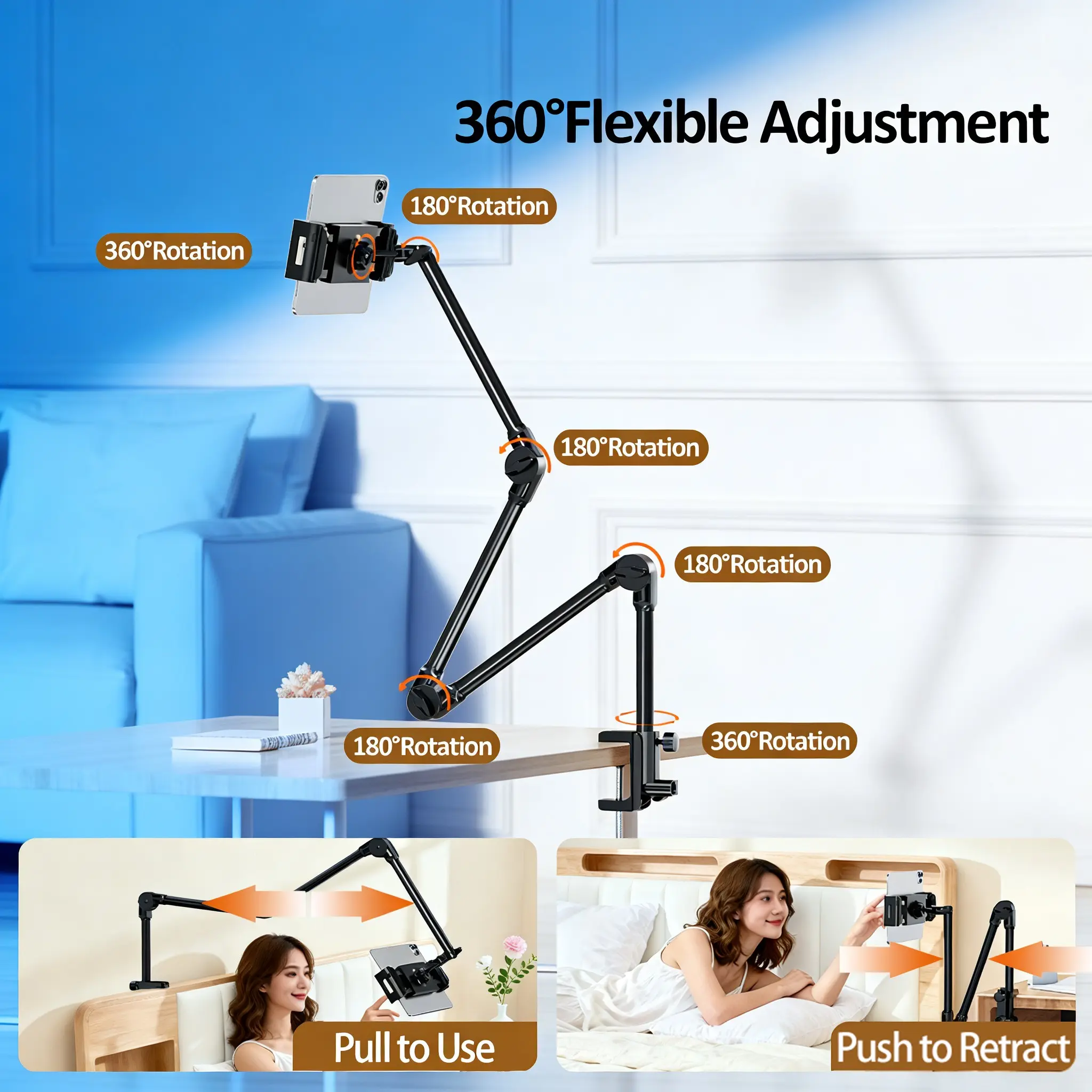 Four-Fold Heavy-Duty Metal Arm Stand, Sturdy Frame, Aircraft Grade Solid Metal Forging, 35.4 Inch Extendable, 360° Full Rotation, 4kg Load Capacity, Selfie Mount, Portable Selfie Accessory, Cellphone Selfie Accessory, Accessories