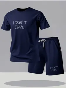 “Men's Summer Statement Casual Set: ”I Don't Care" Letter-Printed Short-Sleeve T-Shirt + Drawstring Shorts—Lightweight, Breathable, and Sweat-Wicking; Perfect for Daily Wear, Sports, and Fitness