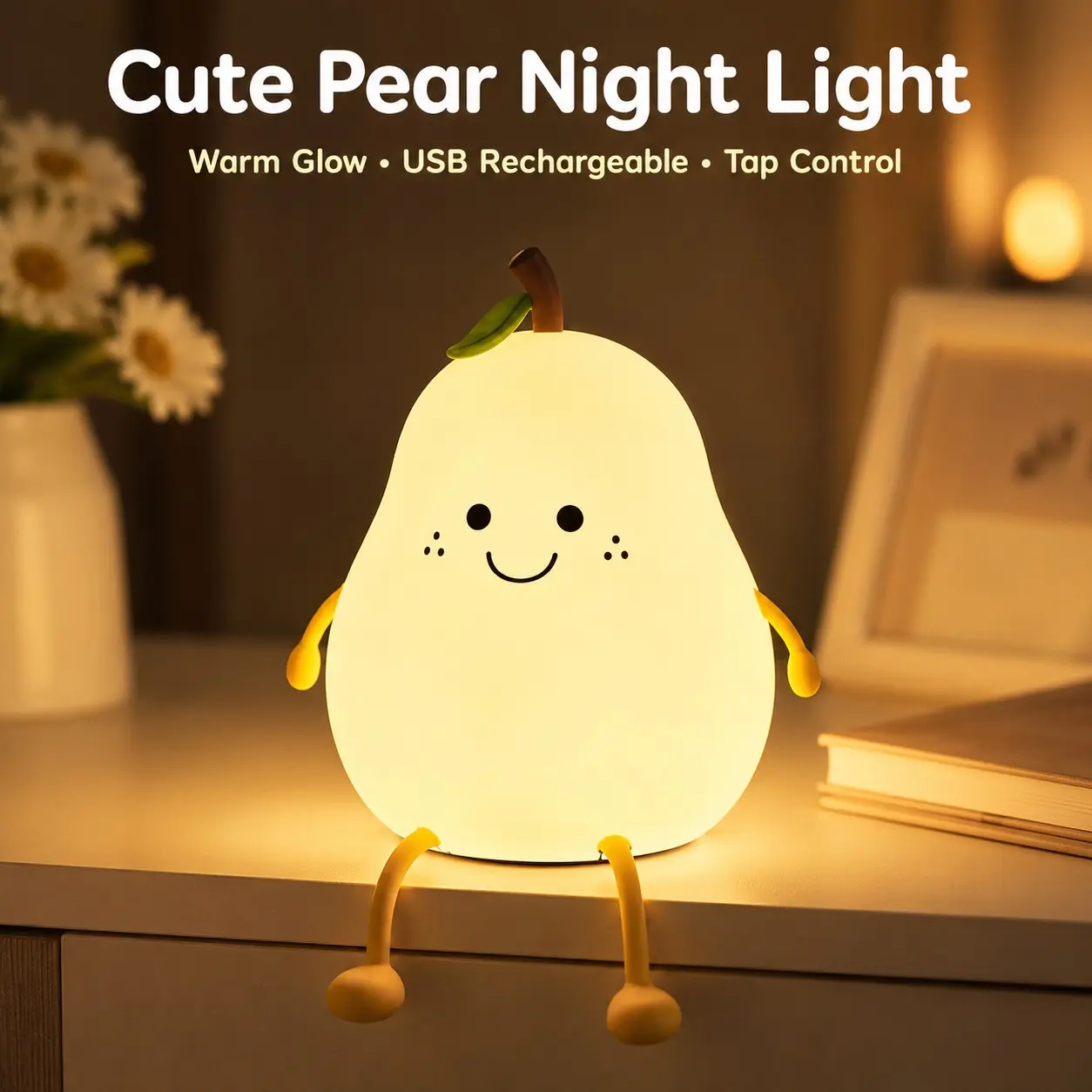 Cute Pear Night Light for Kids, USB Rechargeable, 7 Color Changing, Dimmable, 30-Min Timer, Soft Warm Glow, Nursery Lamp, Desk Decor, Gift