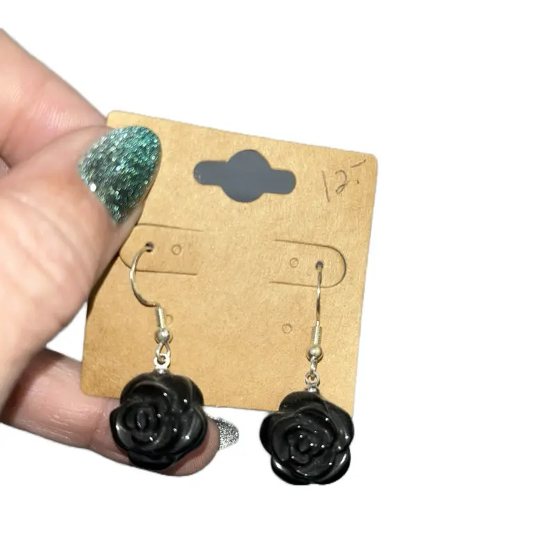 Black onyx rose Drop Earrings in S925 Sterling Silver - Genuine Natural Gemstone, Tarnish Resistant, Elegant Design for Adults