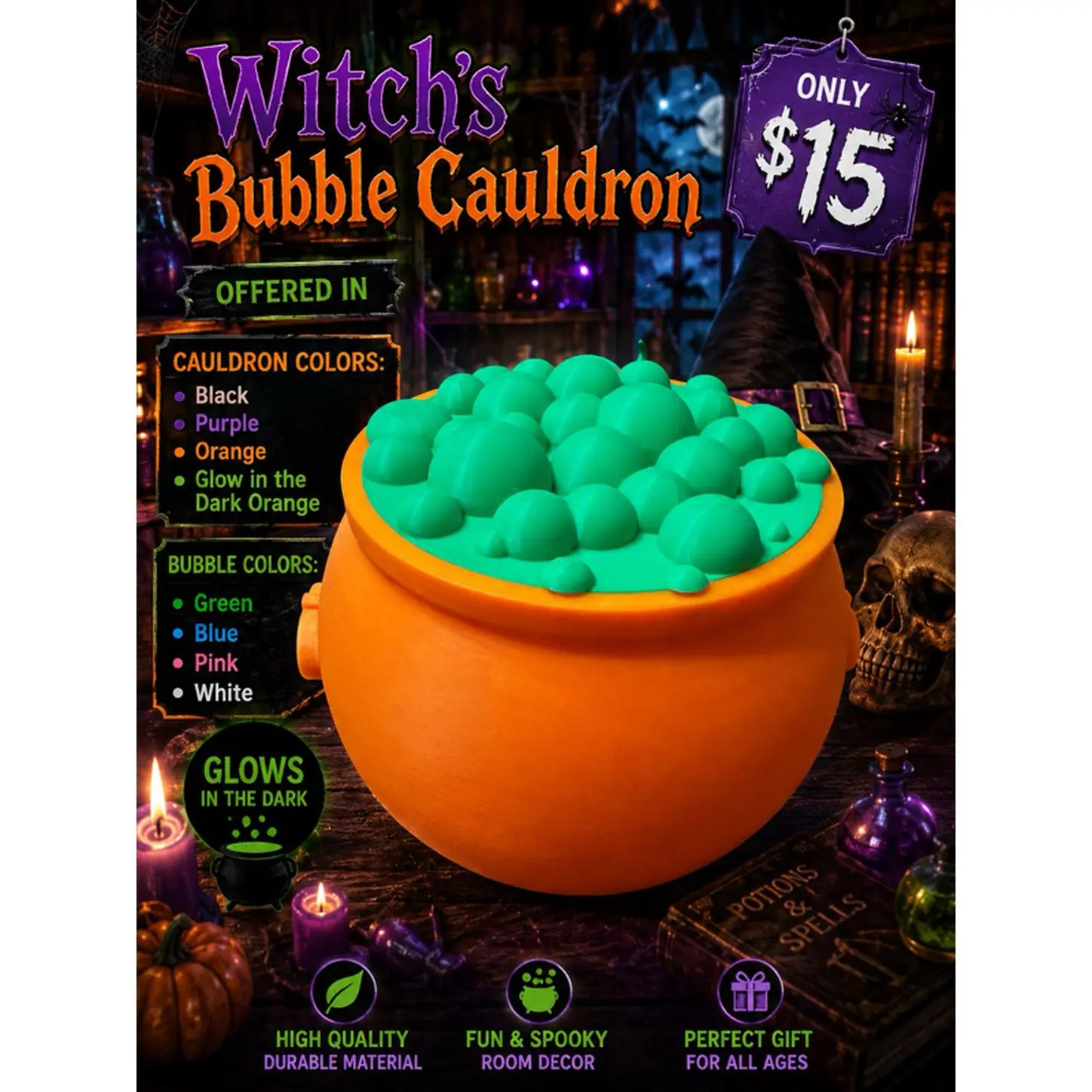 Witch's Bubble Cauldron - Glow in the Dark Orange Cauldron with Green Blue Pink White Bubbles - Fun & Spooky Room Decor - Perfect Gift for All Ages