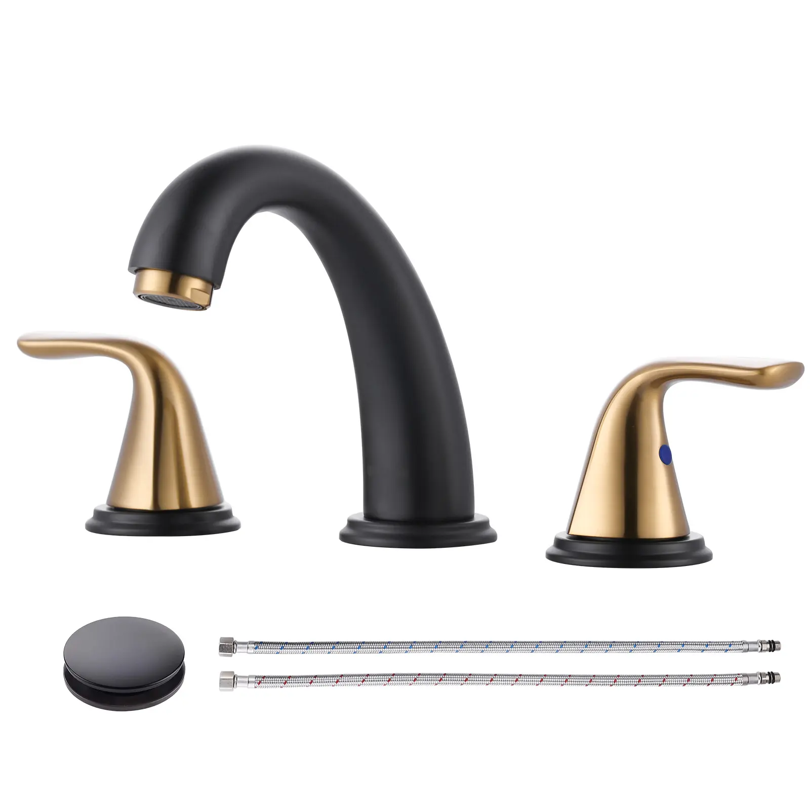 WOWOW Vintage Glam 3-Hole Black Gold Double Handle Widespread Bathroom Sink Faucet with Popup Drain, 304 Stainless Steel Lead-Free Water Supply Hose, Splash Proof for Farmhouse Sinks, Double Handle Faucet, Splash Proof Faucet