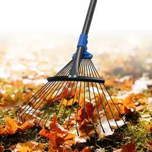 Rake for Leaves with 18 Metal Tines 10-18" Expandable Head Rakes Adjustable Handle for Lawn Leaf Rake Yard Tools for Collecting Leaves, Grass Clippings, Garbage Blue