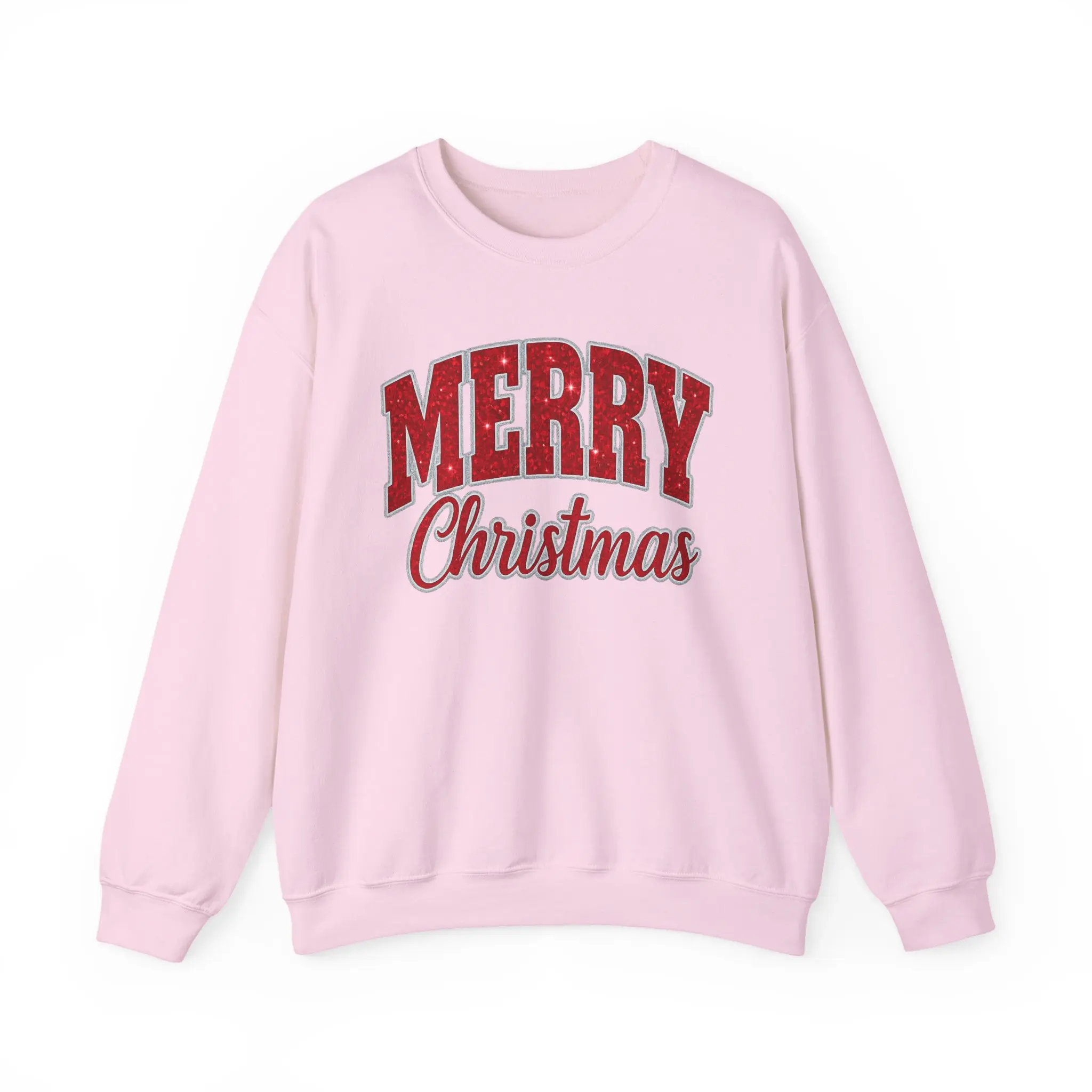 Women's Retro Red Glitter Text Crewneck Sweatshirt - Casual Embroidered Knit Longsleeves, Medium-Heavy Cotton-Poly Blend, OEKO-TEX Dyes, Soft Warm Festive Fit for Christmas Holidays