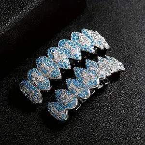 Unisex 2-Piece Halloween Hip-Hop Grillz Set – Sharp Shark Teeth, 8-Fang Vampire Style, Personalized Zirconia Funky Teeth Accessory, Stainless Steel Wire Ceramic Braces, Oral Blue QP288566