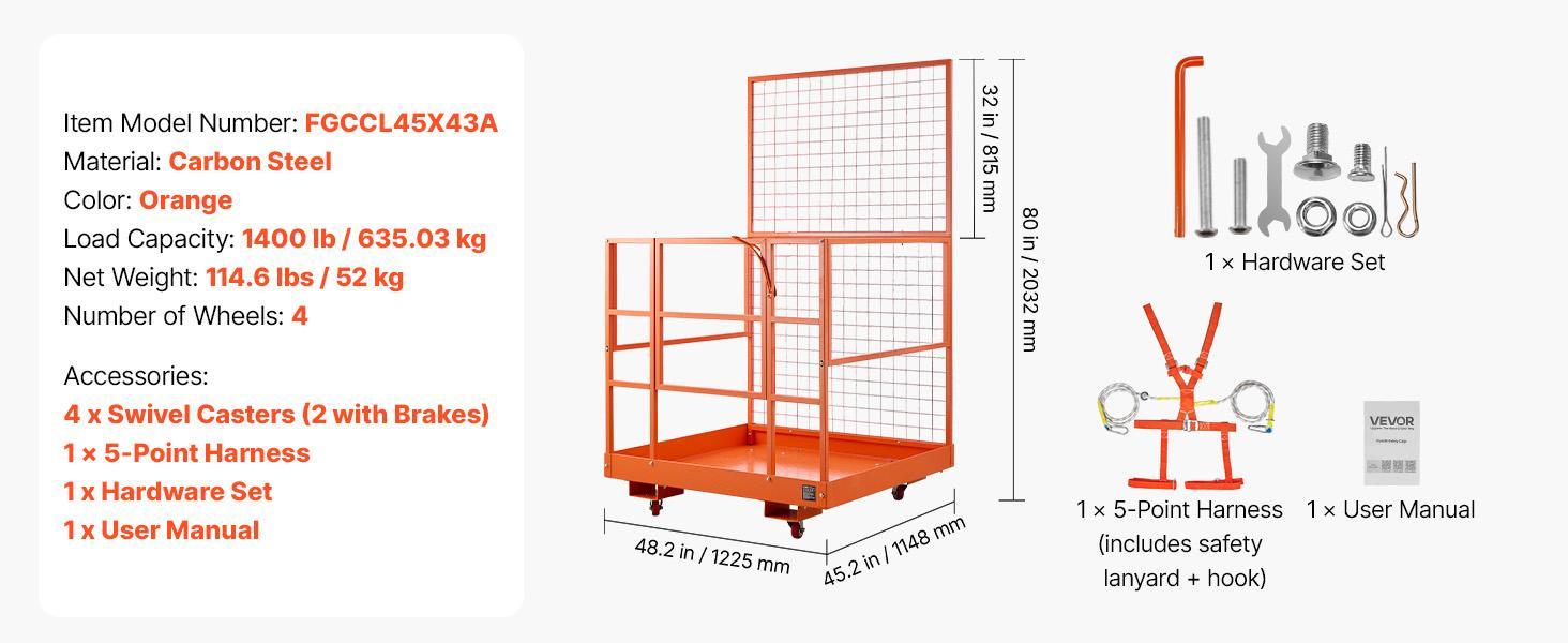 VEVOR Forklift Safety Cage, 48.2 x 45.2 Inch, Heavy Duty Forklift Man Basket, 1400 lbs Capacity Work Platform Lift Basket with Safety Harness, Lock, Wheels, Drain Hole, for Aerial Work Lifting Loader