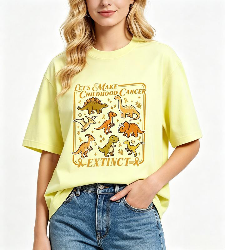 Women's Childhood Cancer Awareness Cotton T-Shirt - Dinosaur Graphic, Gold Ribbon, Short Sleeve, Crew Neck - Beach, Casual, Comfortable Fabric, Perfect Fit