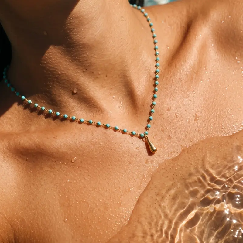 Retro Bohemian Unisex Small Size Plain Rice Bead Turquoise Water Drop Pendant Stainless Steel Necklace - Fine Chain, Waterproof, Non-Fading, Non-Collision Stackable Everyday Costume Jewelry