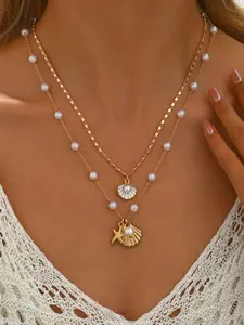 2pcs Beach Style Alloy Imitation Pearl Shell Pendant Dainty Necklace Set, Adjustable Chain, Perfect for Summer Beach Playwear
