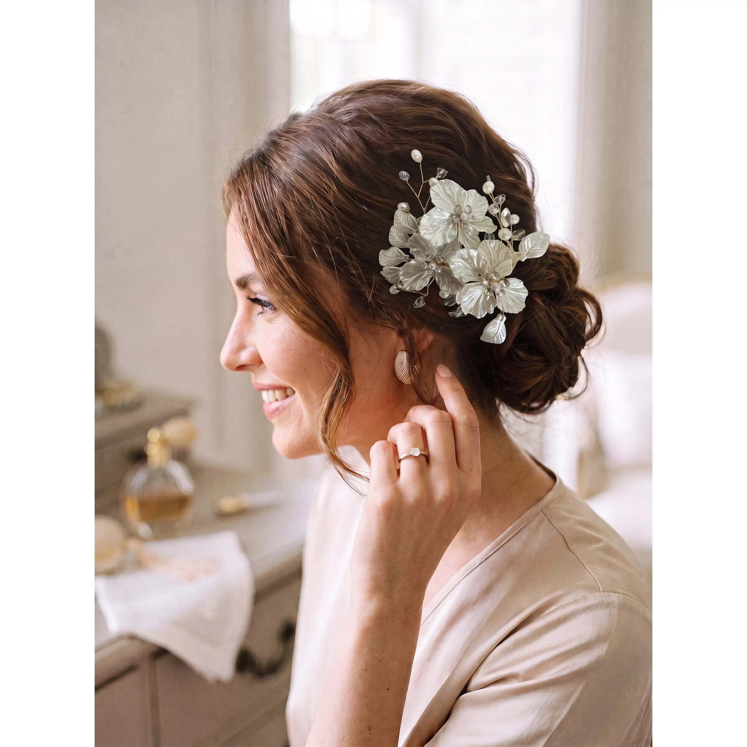 Pearl Floral Bridal Hair Clip with Crystal Flowers – Gold & Silver