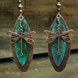 Vintage Bohemian  Dragonfly Earrings With Green Accents - Long Antique Bronze Alloy Dangle Jewelry, Handcrafted Boho Chunky Drop Statement Piece For Women, Rustic Tribal Festival Accessories