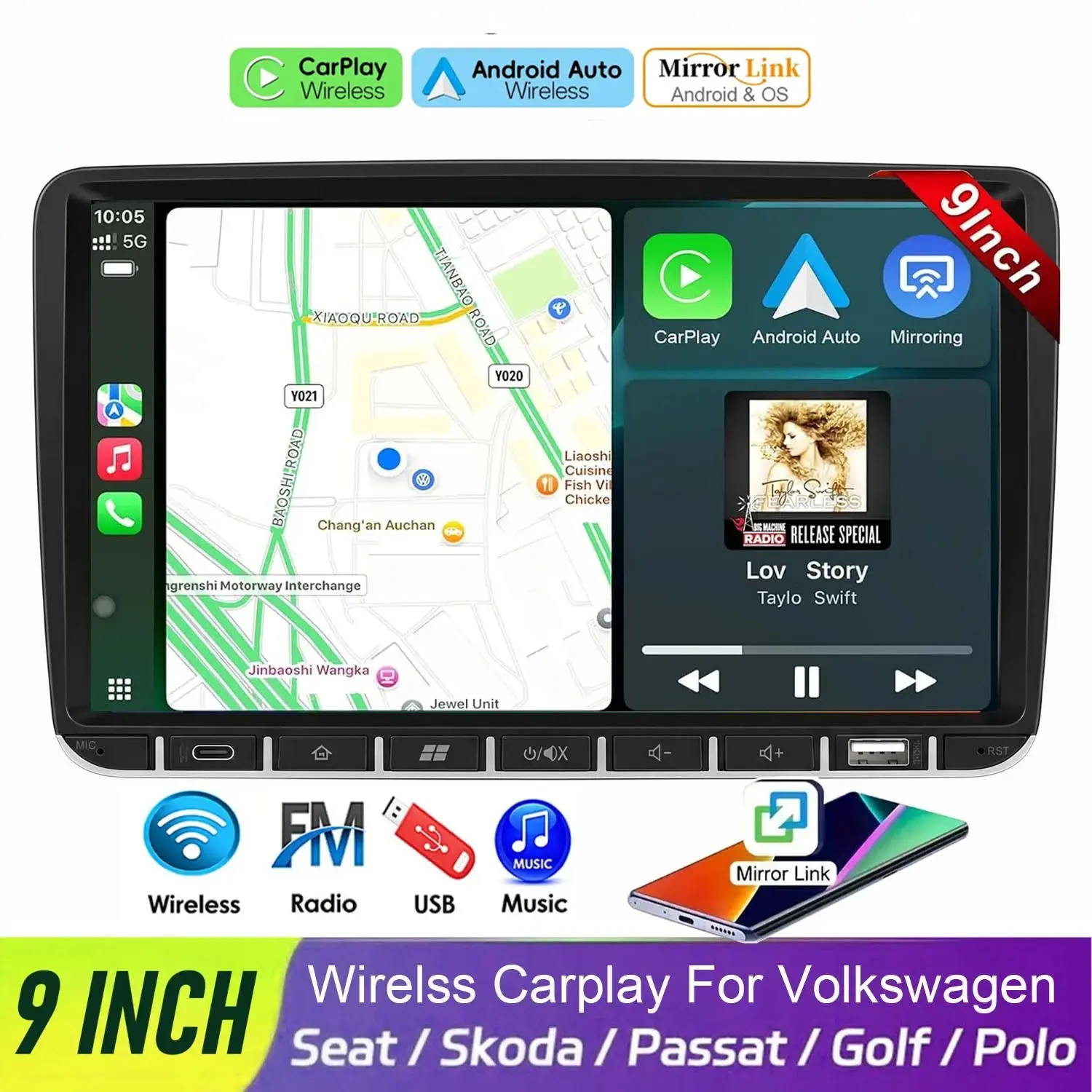 Volkswagen Dedicated 2din Car Stereo, 9-Inch HD Touchscreen, Wireless Carplay Support, Smart Audio Navigation Entertainment System
