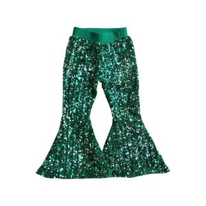 Girls' Classic Green Sequined Flared Bell Bottoms - All-Seasons Pants (P0033)