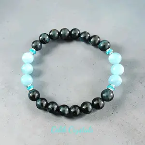 Celik Crystals AAA Aquamarine Blue Tiger Eye Bracelet Natural Stones 8mm Stretches Unisex Design for Men & Women