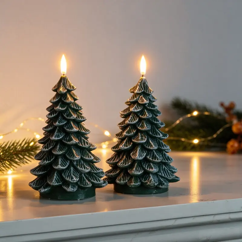 Homemory Classic Tree-Shape Flameless LED Candles, 2-Pack 8.5" Tree Décor Waxy Green Electric Candles with 6-Hour Timer, 4 Inches Thickest Battery-Operated for Cozy Little Christmas, Christmas Bedroom Decor, House Decor,home decor