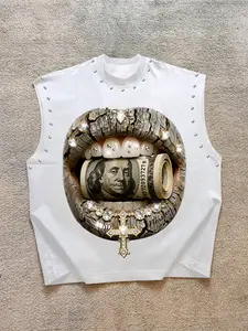 Men's Casual Sleeveless Vest, Menswear Luxury Trendy Graphic Design with Wealth Elements and Rhinestone Details, Comfortable Fabric, Perfect for Music Festivals and Streetwear