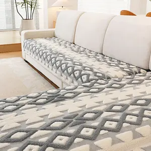Bohemian Style Autumn Winter Plush Sofa Cushion, Geometric Striped Anti-Slip Cover, Soft Skin-Friendly Seat Pad, Living Room Decor, Washable Sofa Slipcover