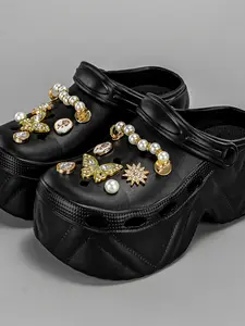 2026 New Fashion Short Pearl Gold Butterfly Heel Women's Holey Shoes 8809, Rhinestone Design, Eva Upper and Sole, Solid Pattern