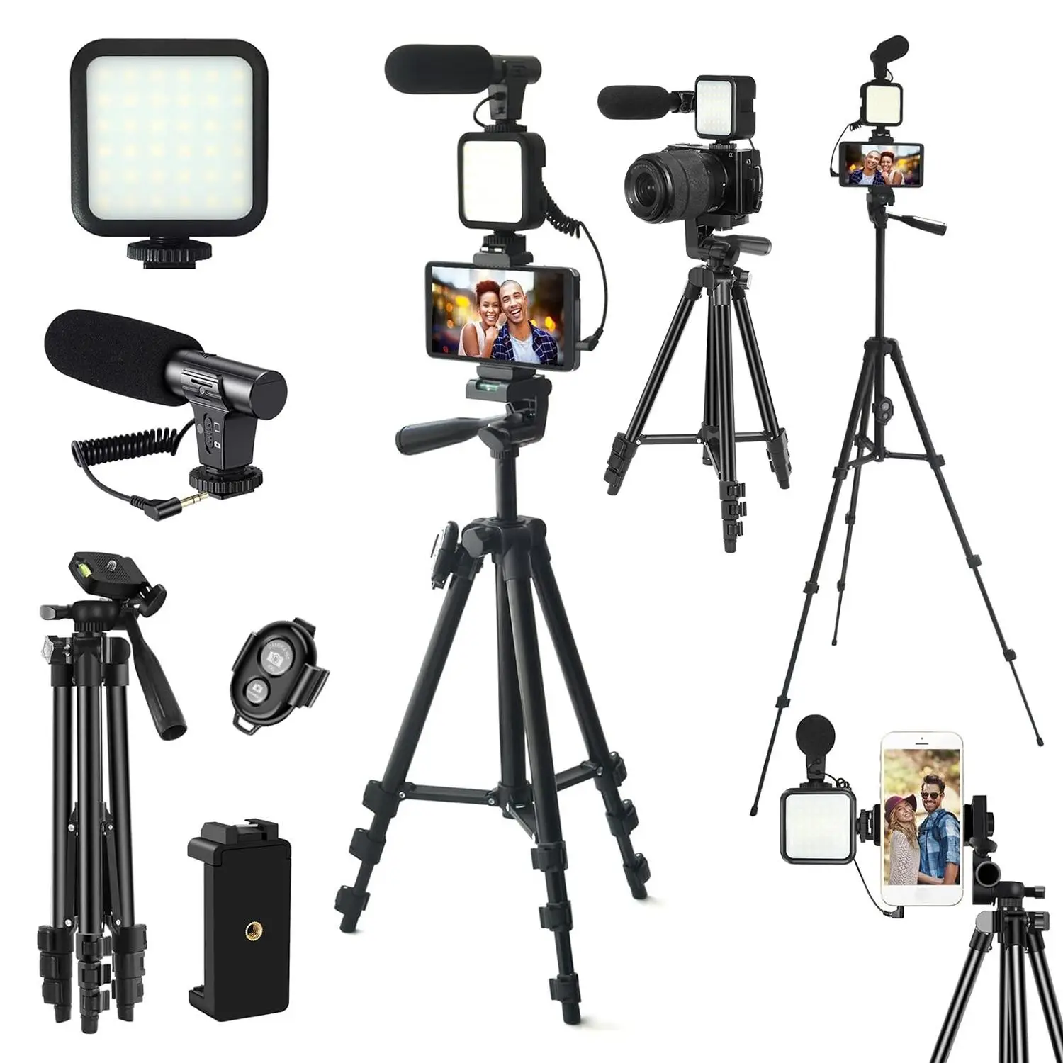 Video Blog Kit for YouTubers, 1 Set Telescopic Tripod & Microphone & Fill Light & Remote Control, Perfect Video Recording Accessories for iPhone & And