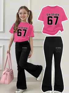 Girls' Sweet Cool 67 Letter Number Short Sleeve Bell Bottoms Set, Casual Fitted for All Seasons, Comfortable Breathable Clothes Kids