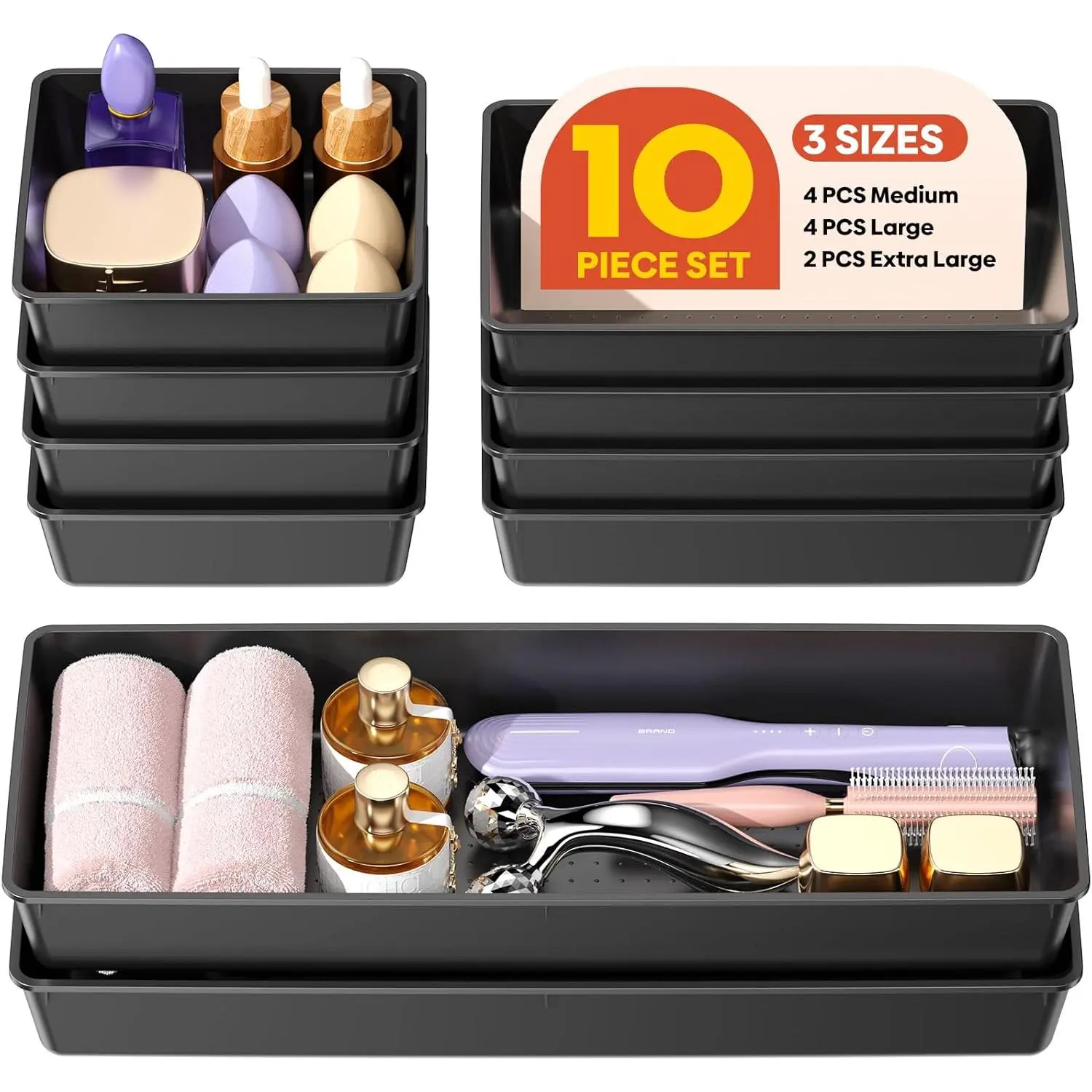 10-Pack Large Size Plastic Drawer Organizer Set, Desk Drawer Organizer Trays in 3 Sizes, Storage Bins for Vanity, Makeup, Bathroom, Kitchen Utensils, and Office (Black)