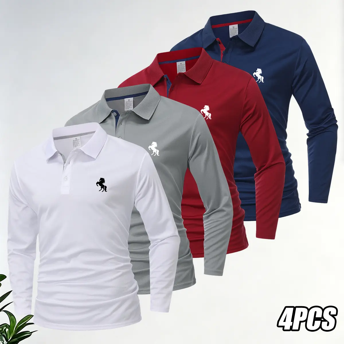 Men’s long-sleeve polo shirt 4-pack—suitable for golf, tennis, badminton, and everyday casual and business occasions; men’s polo shirts, men’s apparel, gift for him