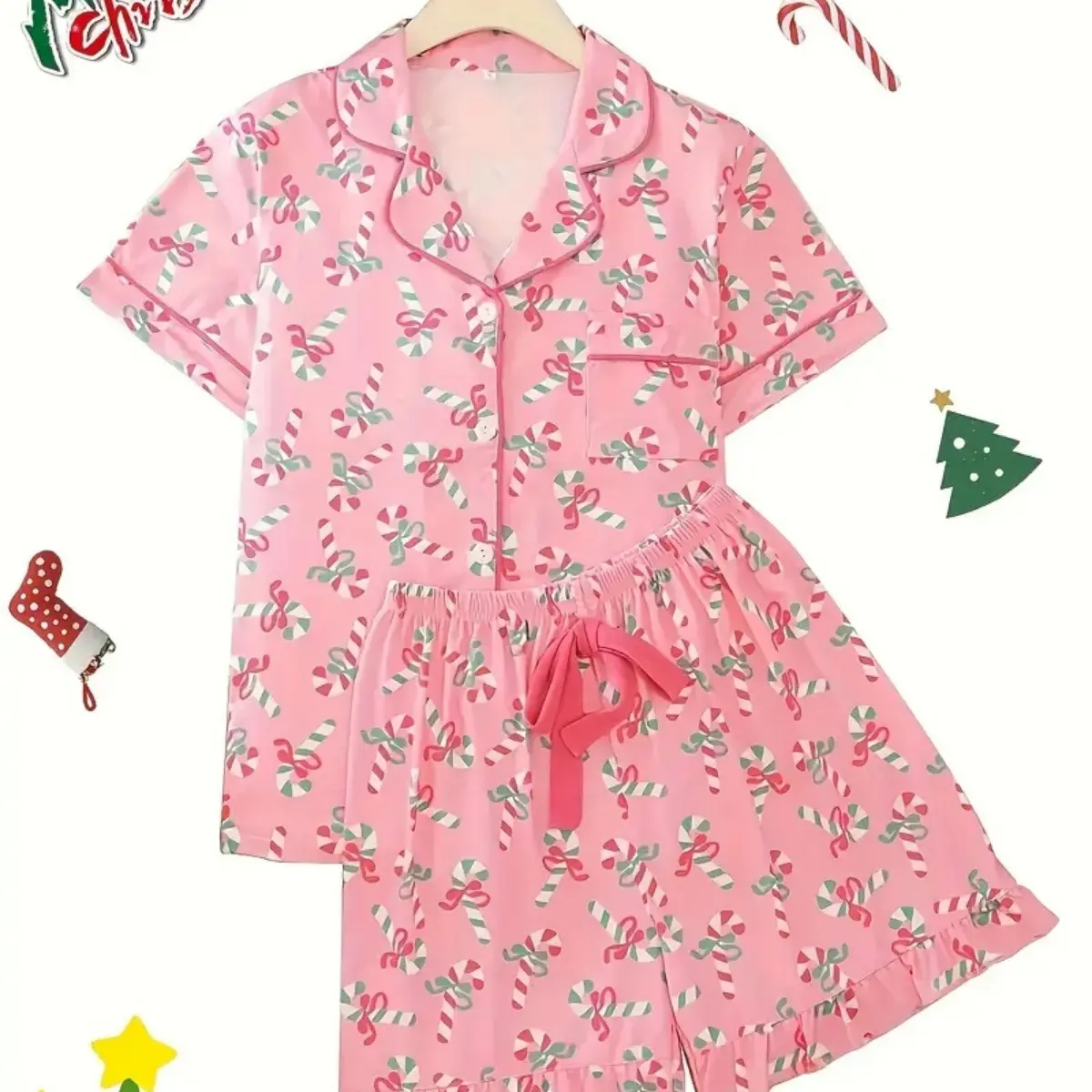 Women's comfortable knitted pajamas suite, Christmas candy cane print, short sleeves and bow details lady sleepwear