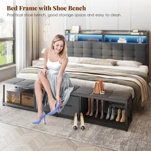 Raybee Upholstered Queen Size Bed Frame with Storage Bench & Bookcase Headboard, LED Bed Frame with Built-in Charging Station & End Stool, Bench with 2 Drawers, King,Full,Black,G