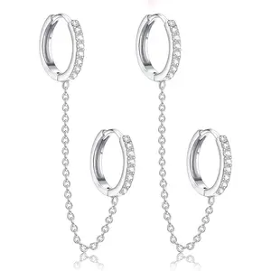 MILACOLATO S925 Sterling Silver Hoop Earrings with Chain Minimalist Threader Earrings CZ Cartilage Helix Tassel Drop Cuff Huggie Earrings for Women Girls
