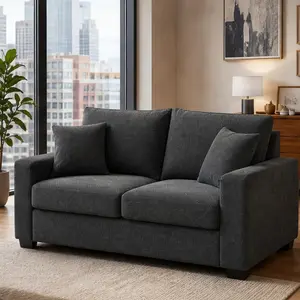 ARCH 69-Inch Two-Seater Loveseat Sofa with Textured Fabric, Cushion Back, Square Arms, 2 Throw Pillows, Sturdy Plastic Legs, Mid-Century Modern Couch for Living Room, Apartment, Office, Dark Grey, Black/Coffee/DARK GREY/Dark Green Color Options