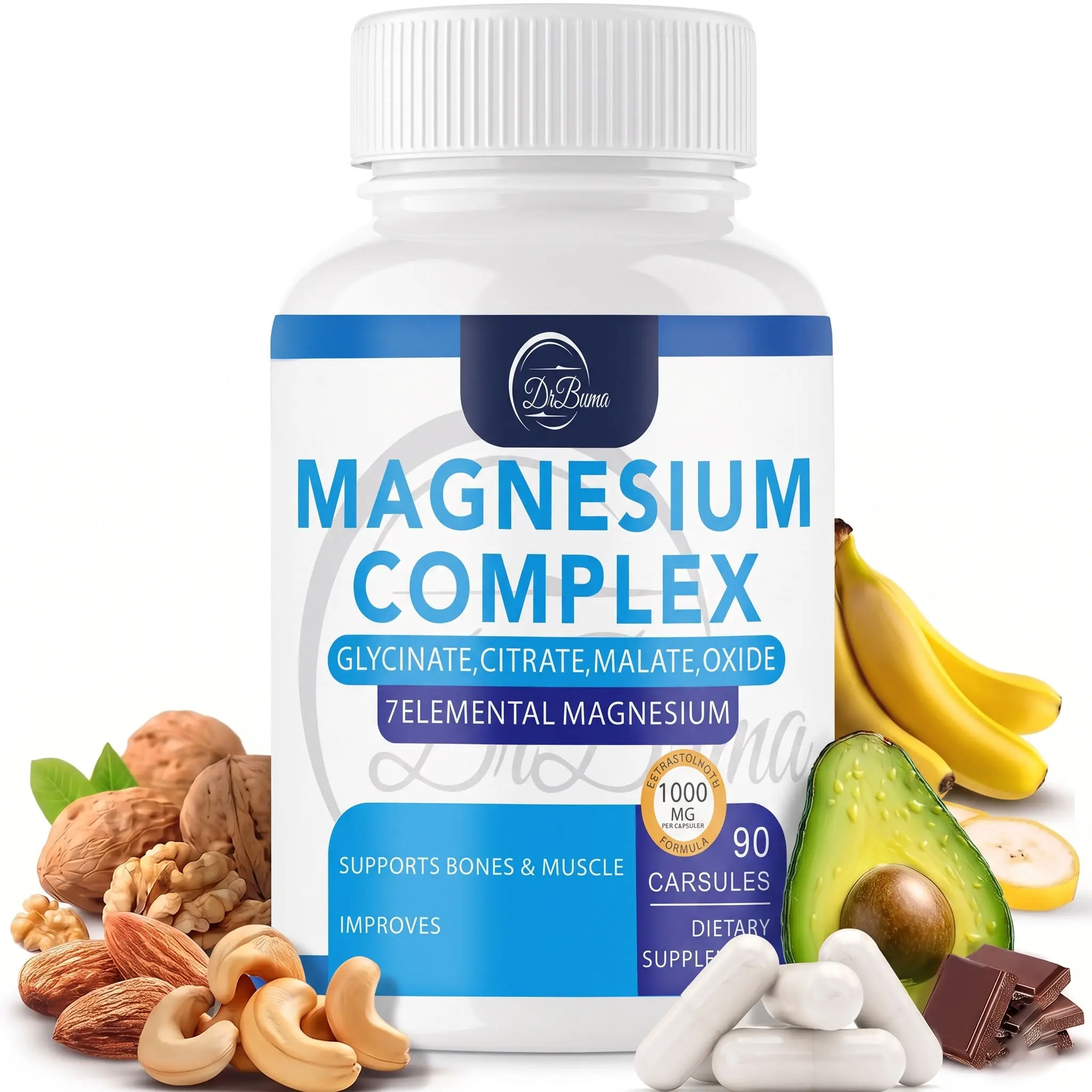 Magnesium Complex Supplement 8 Elemental 1000mg - Magnesium Glycinate, Citrate, Malate, Taurate, Chelated for Easy Absorption for Bones, Muscle, Recovery, Energy, Vegan Non-GMO 90 Capsules