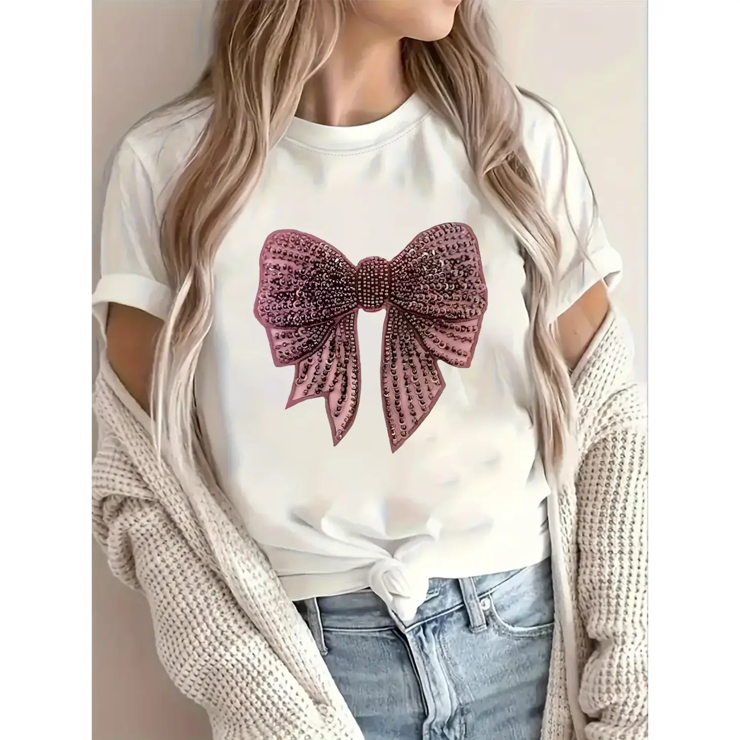 Glamorous and Chic Cotton T-shirt Coffee Date Embellished Bow Graphic for Casual Dates